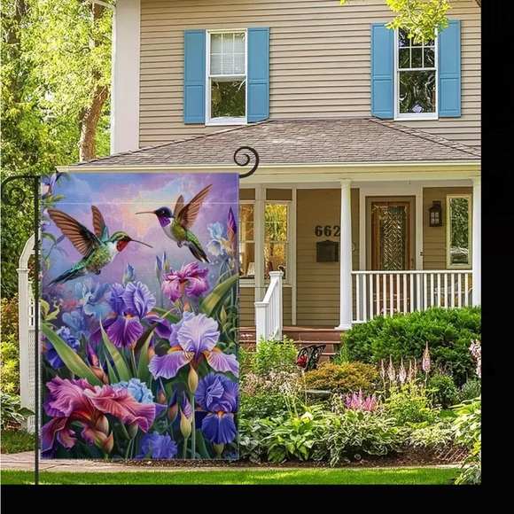 Vibrant Hummingbird and Iris Garden Flag - Picture 4 of 4